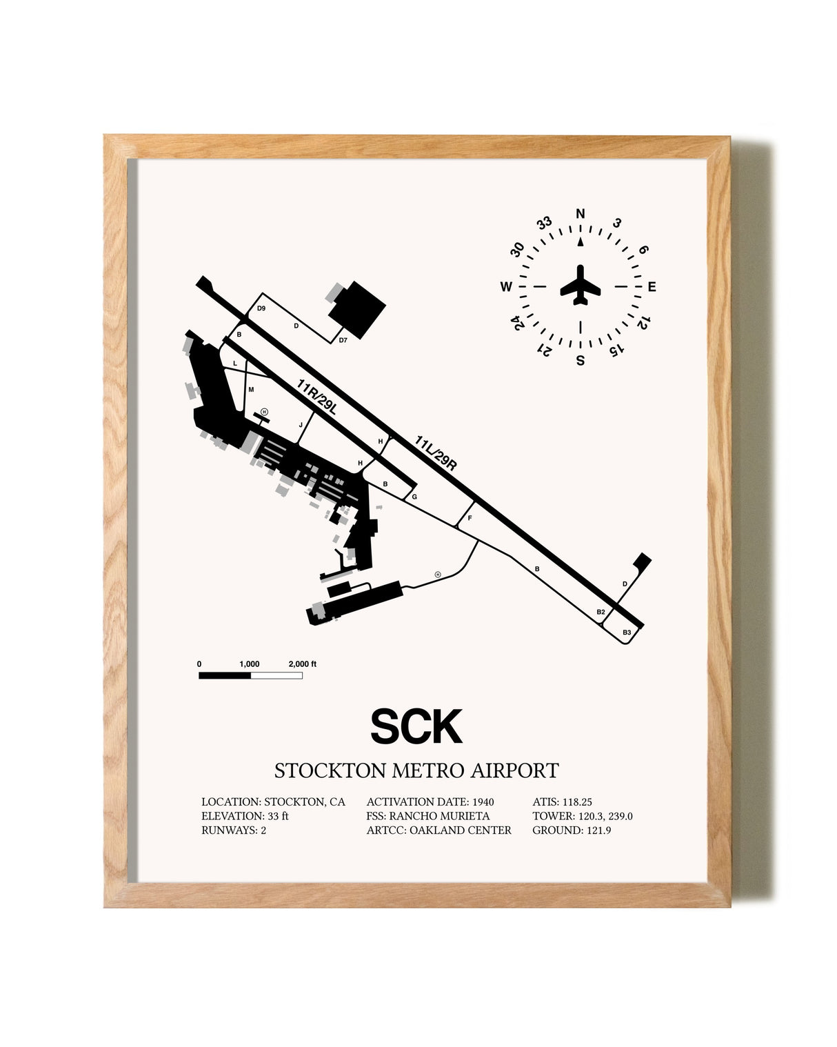 Stockton Metro Airport framed print in natural wood frame