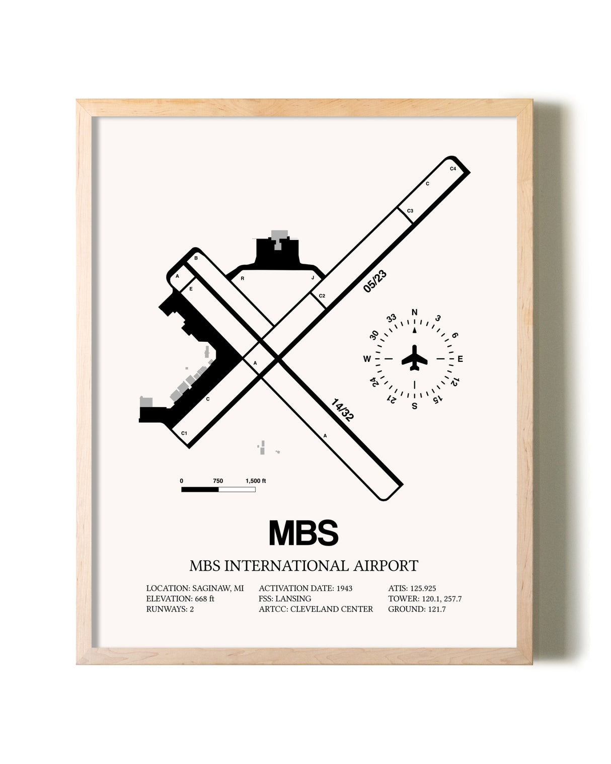 MBS International Airport framed wall art in white frame