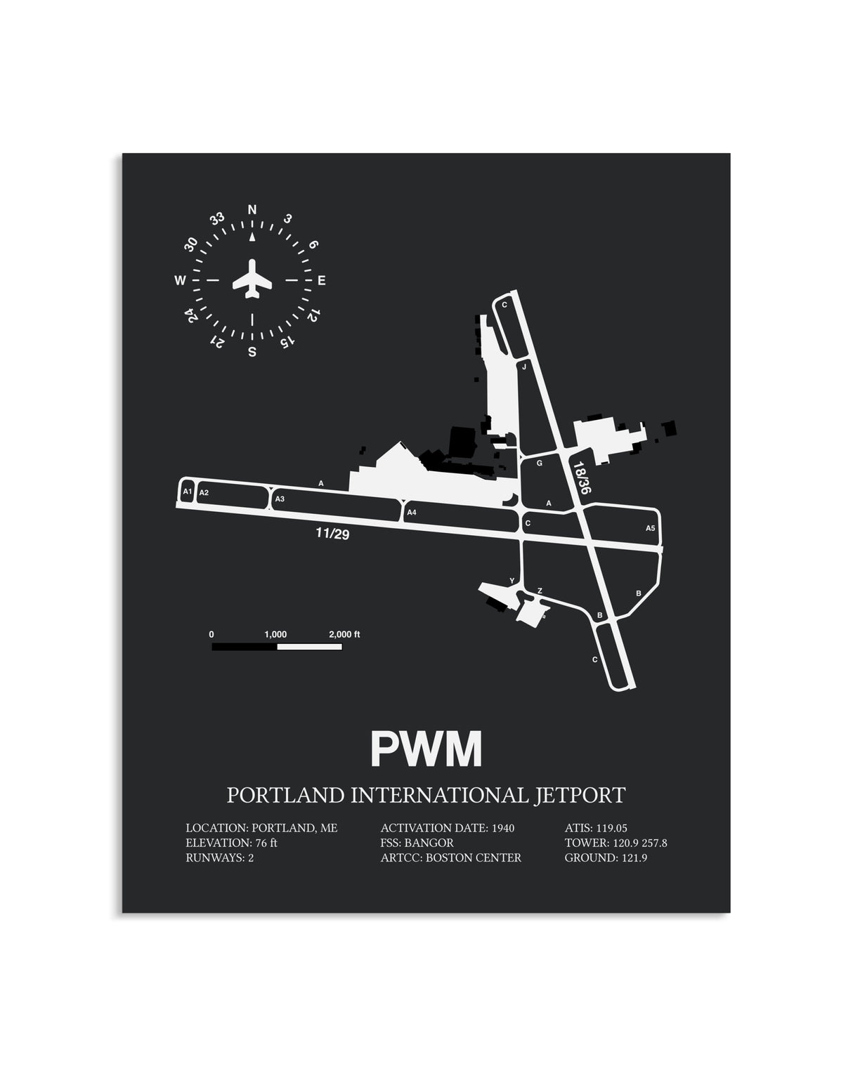 Gray Framed Portland International Jetport layout wall art poster