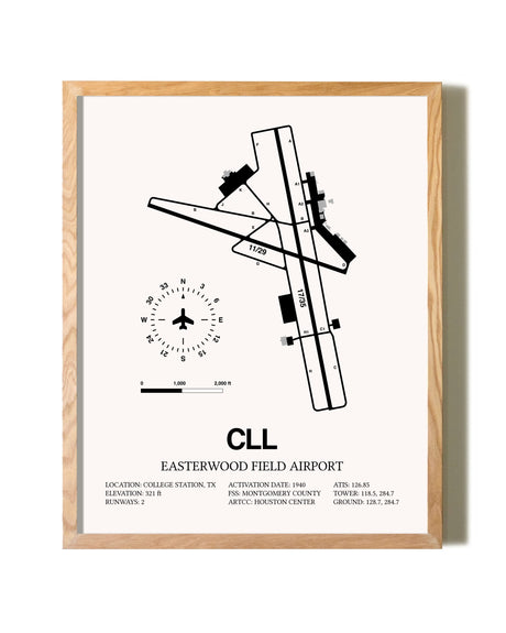 Easterwood Field Airport framed print in natural wood frame
