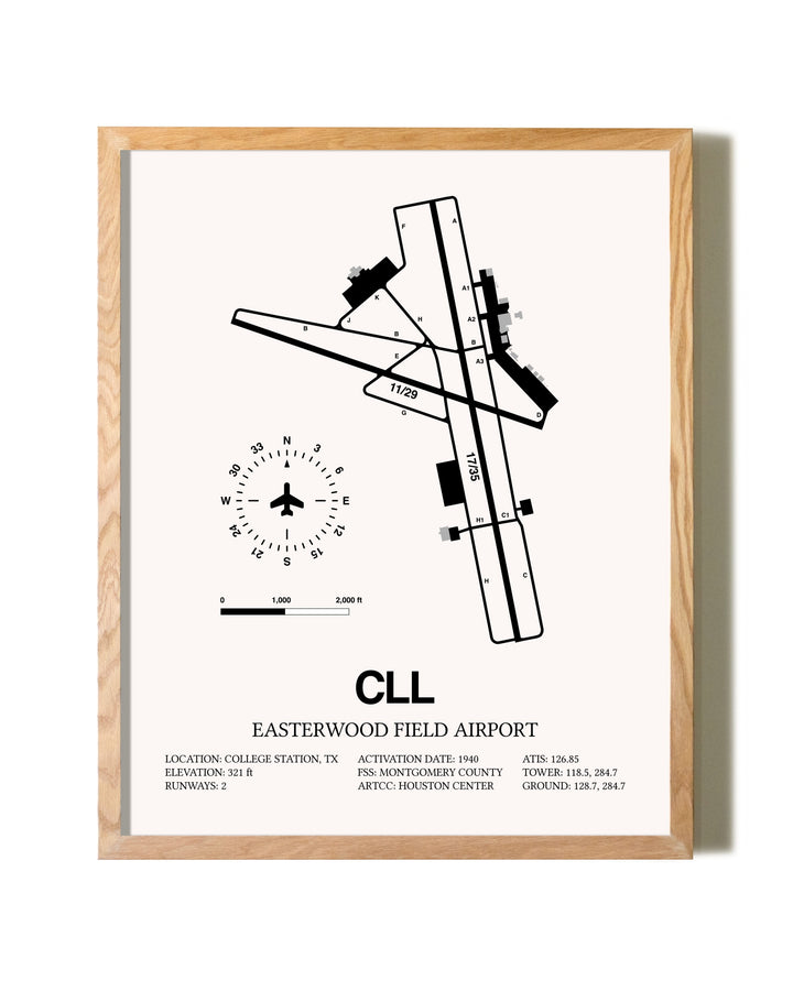 Easterwood Field Airport framed print in natural wood frame
