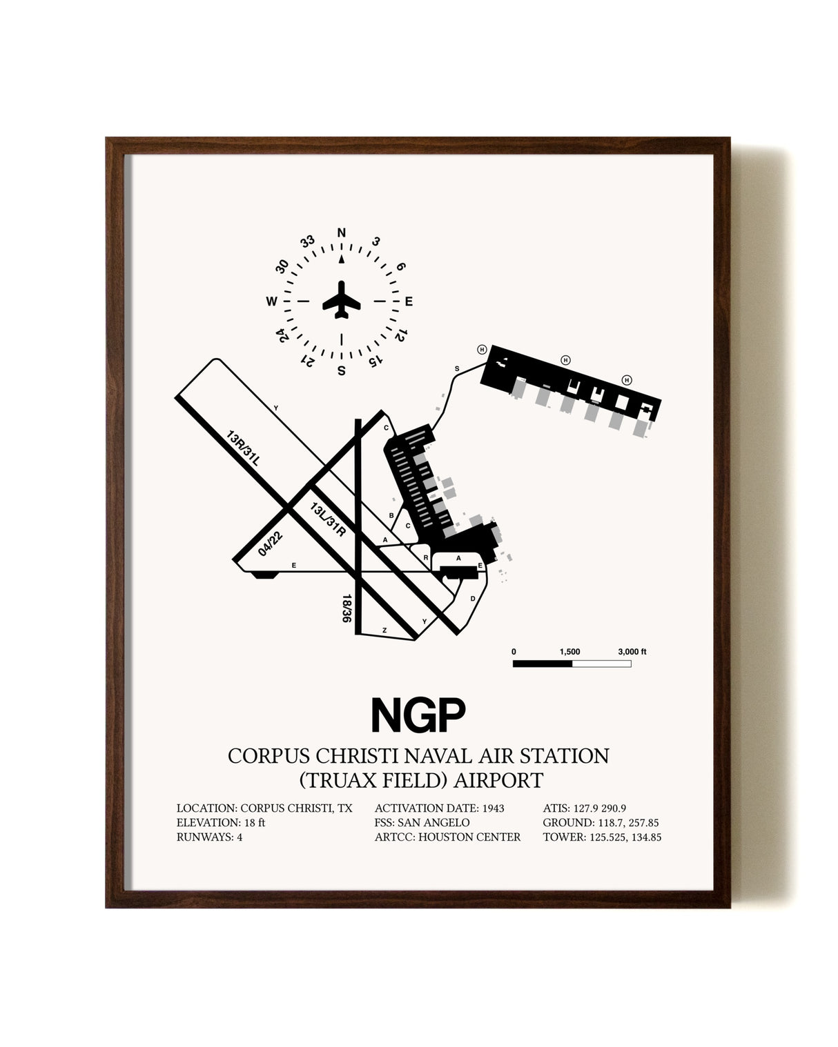 Corpus Christi Naval Air Station (Truax Field) Airport aviation print in walnut frame