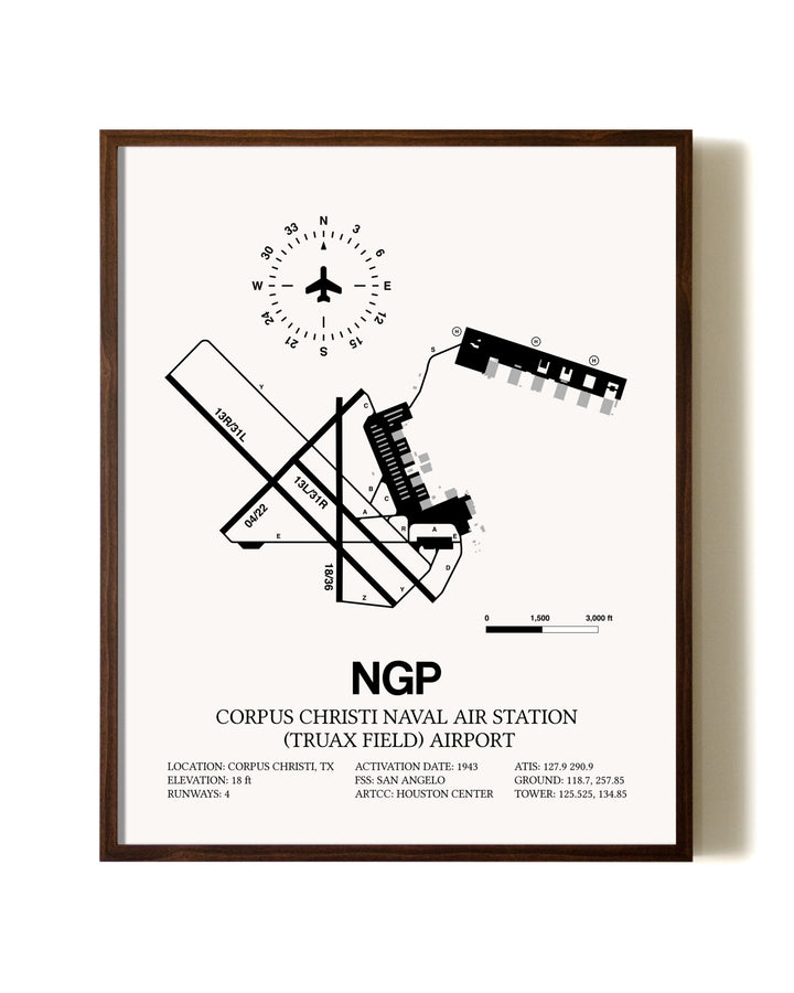 Corpus Christi Naval Air Station (Truax Field) Airport aviation print in walnut frame