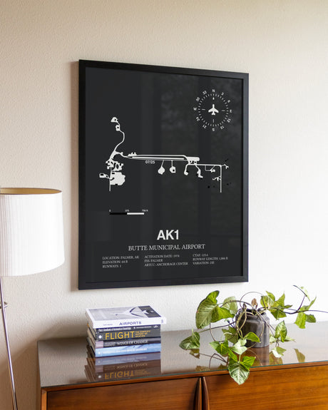 Gray Framed Butte Municipal Airport wall art poster in black frame