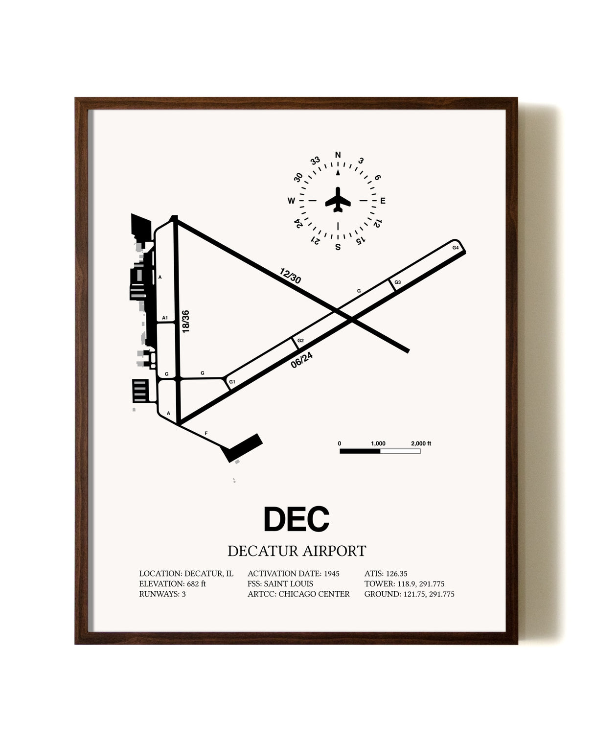 Decatur Airport aviation print in walnut frame