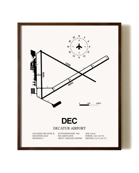 Decatur Airport aviation print in walnut frame