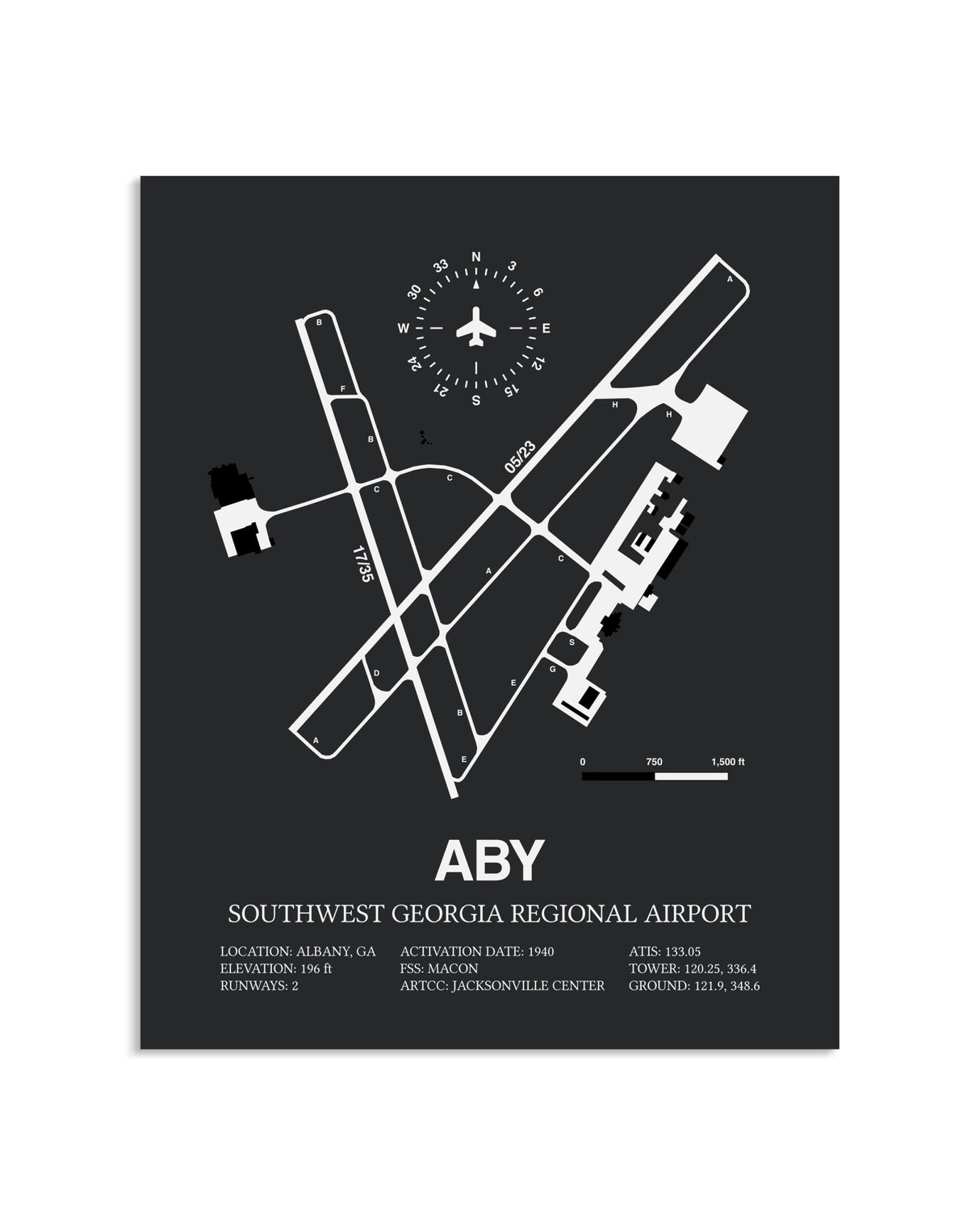 Gray Framed Southwest Georgia Regional Airport layout wall art poster
