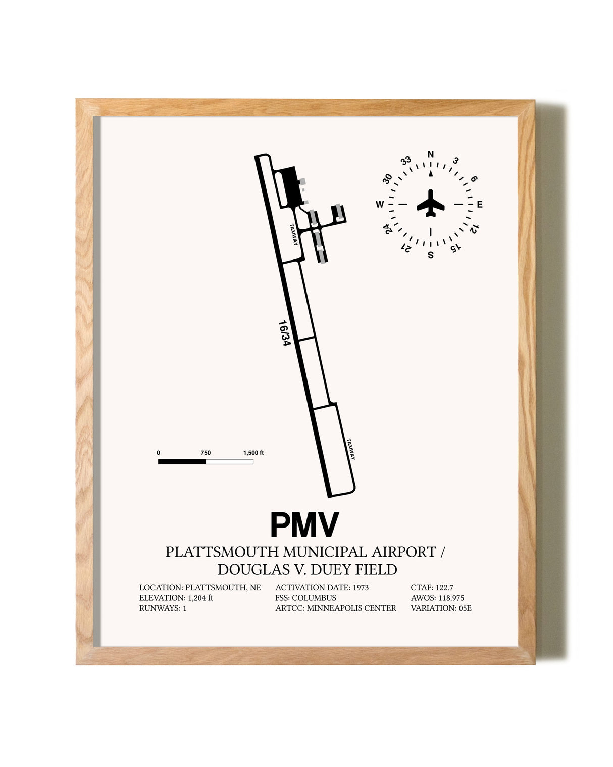 Plattsmouth Municipal Airport / Douglas V. Duey Field framed print in natural wood frame