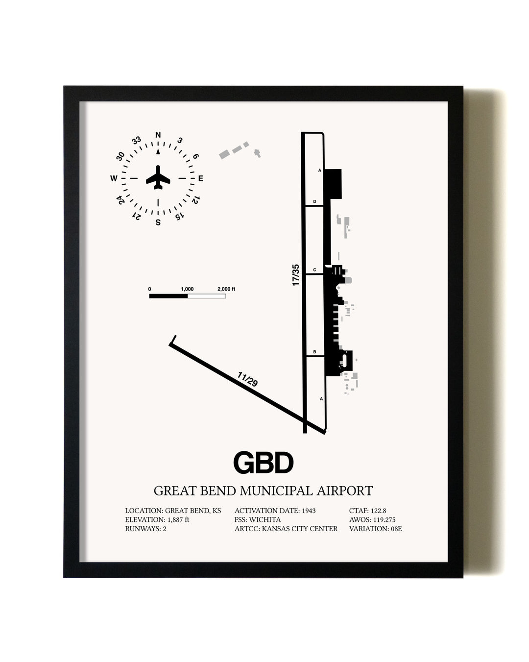Framed Great Bend Municipal Airport wall art poster in black frame