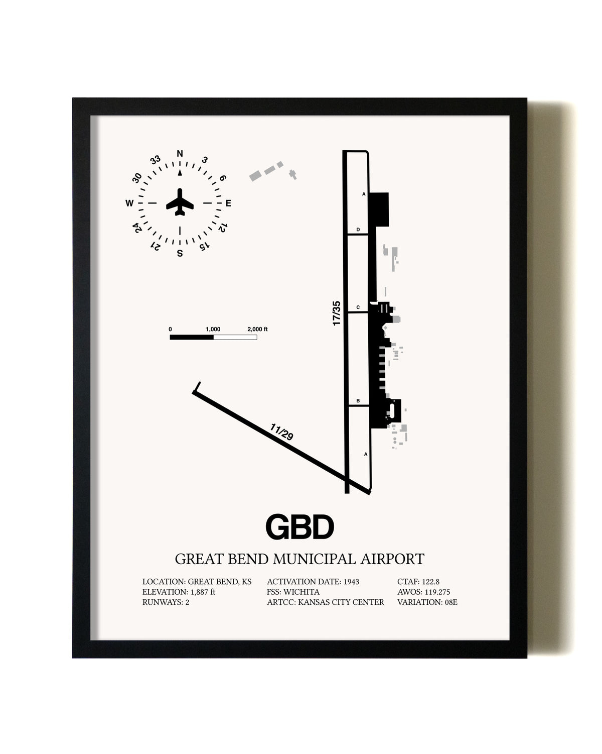 Framed Great Bend Municipal Airport wall art poster in black frame