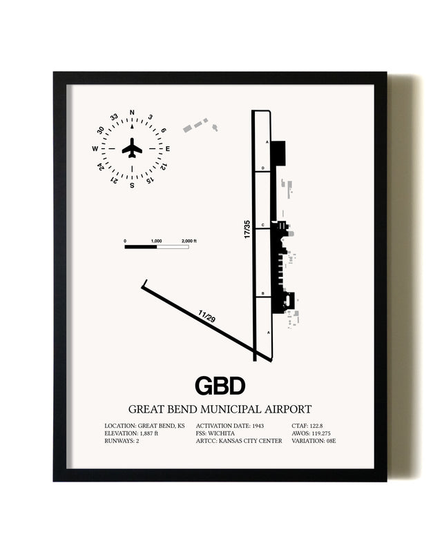 Framed Great Bend Municipal Airport wall art poster in black frame