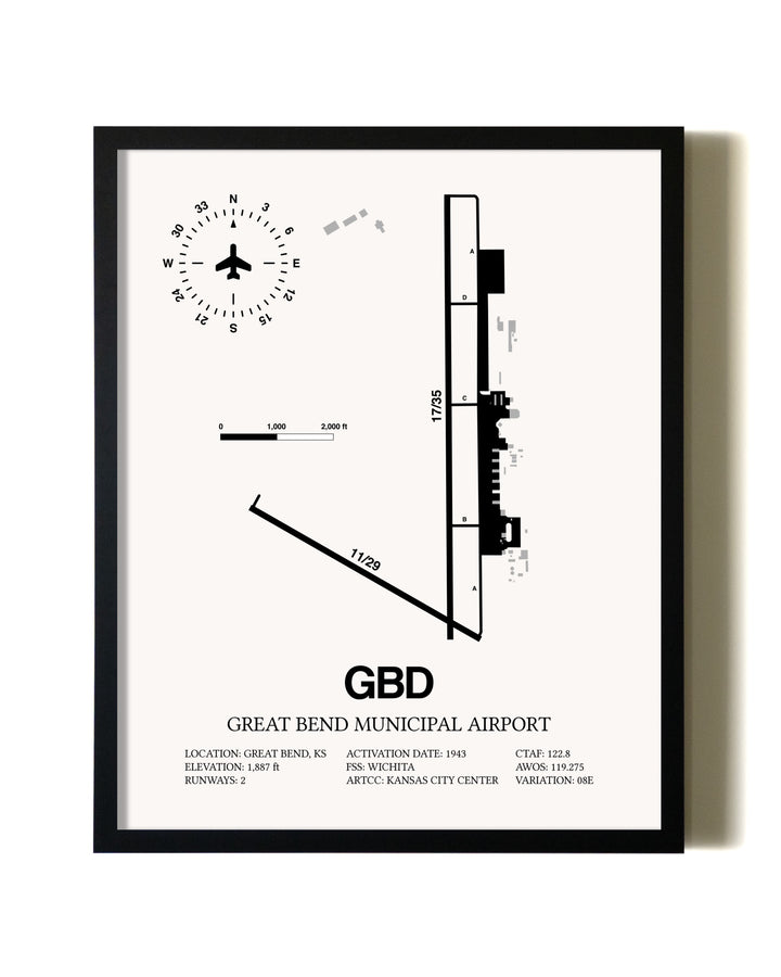 Framed Great Bend Municipal Airport wall art poster in black frame