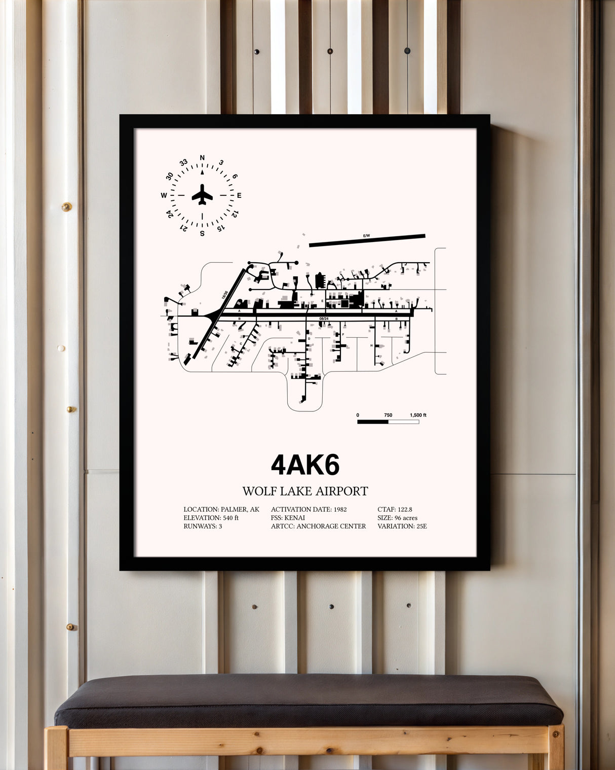 Wolf Lake Airport framed poster displayed in an airplane hangar