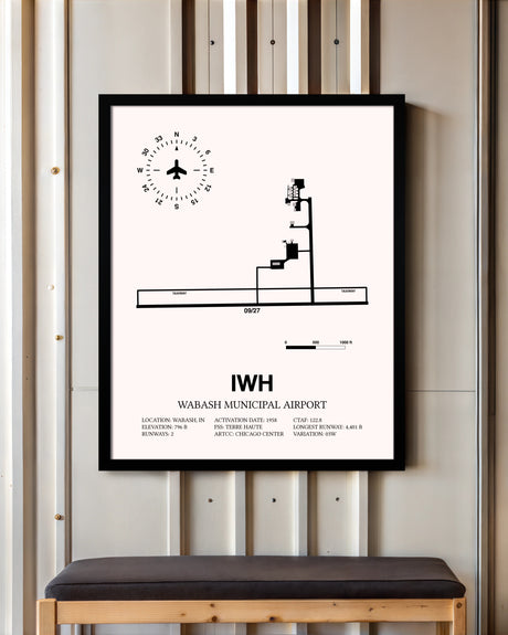 Wabash Municipal Airport framed poster displayed in an airplane hangar