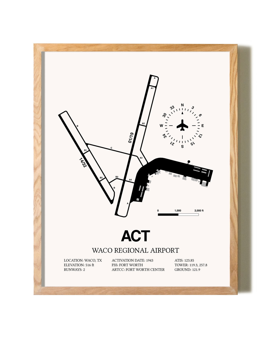 Waco Regional Airport framed print in natural wood frame