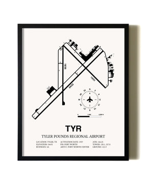 Framed Tyler Pounds Regional Airport wall art poster in black frame