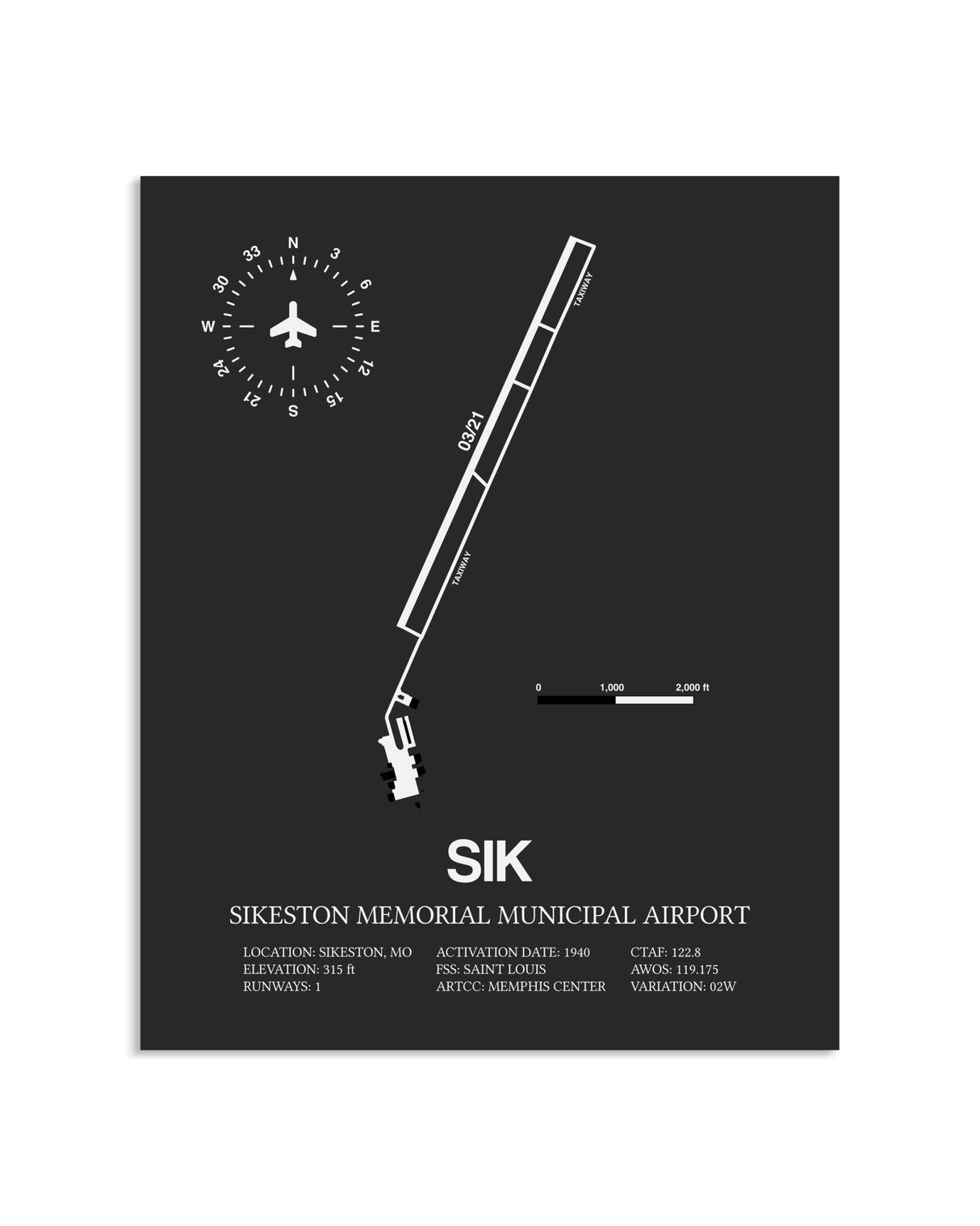 Gray Framed Sikeston Memorial Municipal Airport layout wall art poster