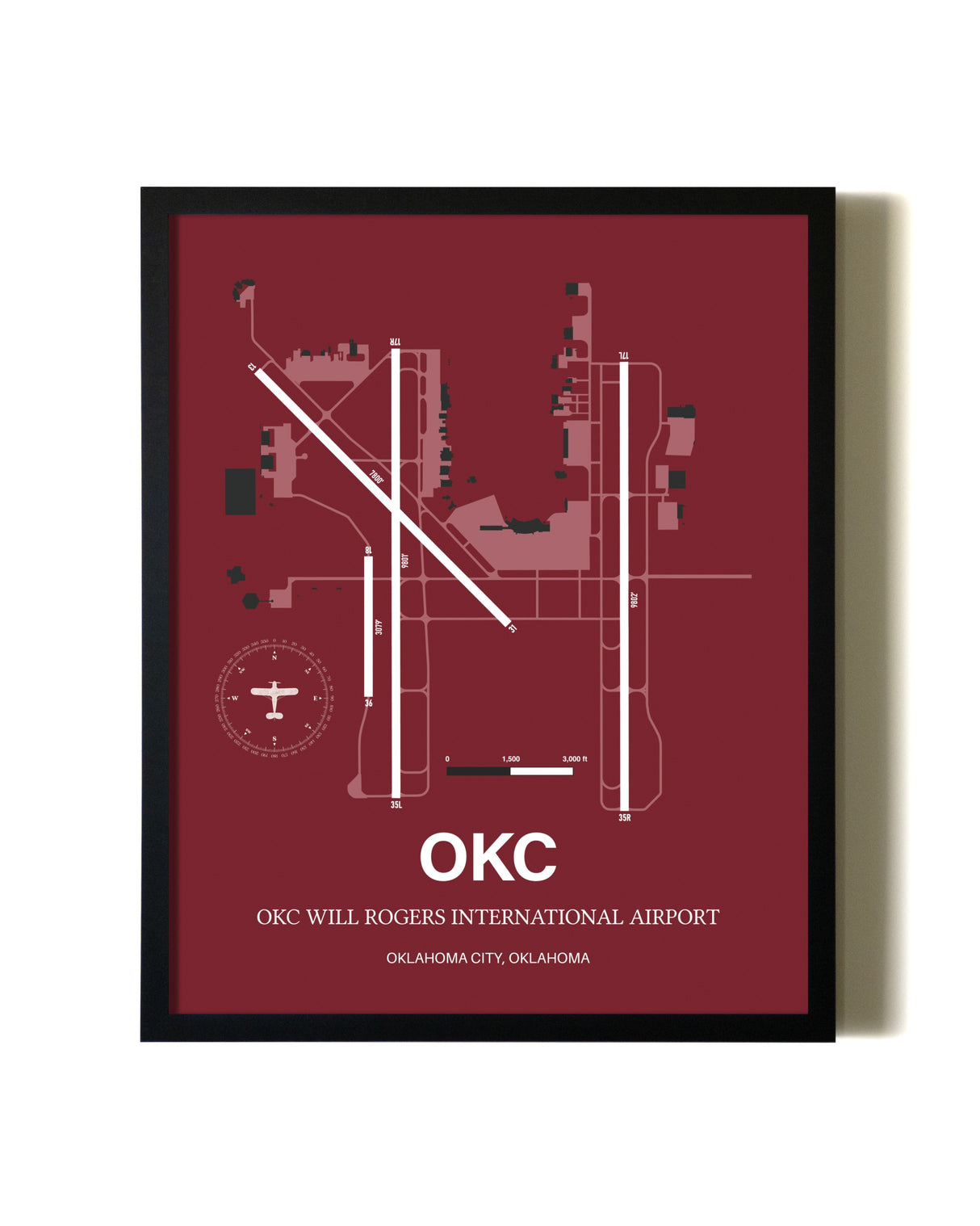 Red Framed OKC Will Rogers International Airport wall art poster in black frame