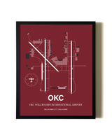 Red Framed OKC Will Rogers International Airport wall art poster in black frame