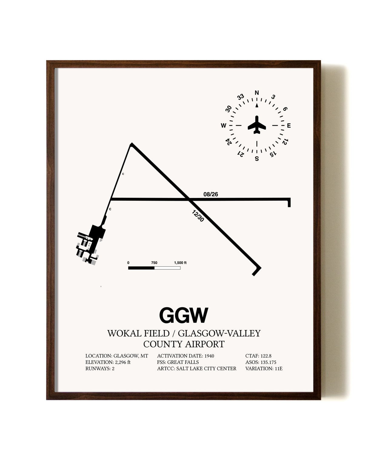 Wokal Field / Glasgow-Valley County Airport aviation print in walnut frame