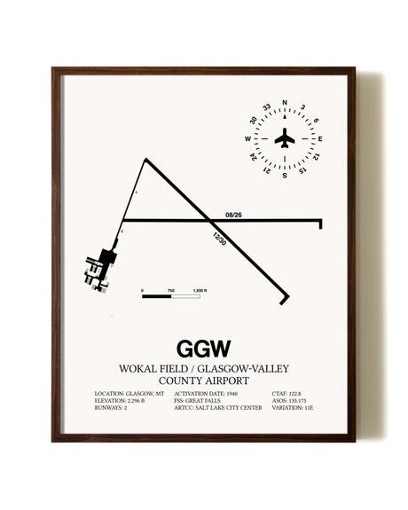 Wokal Field / Glasgow-Valley County Airport aviation print in walnut frame