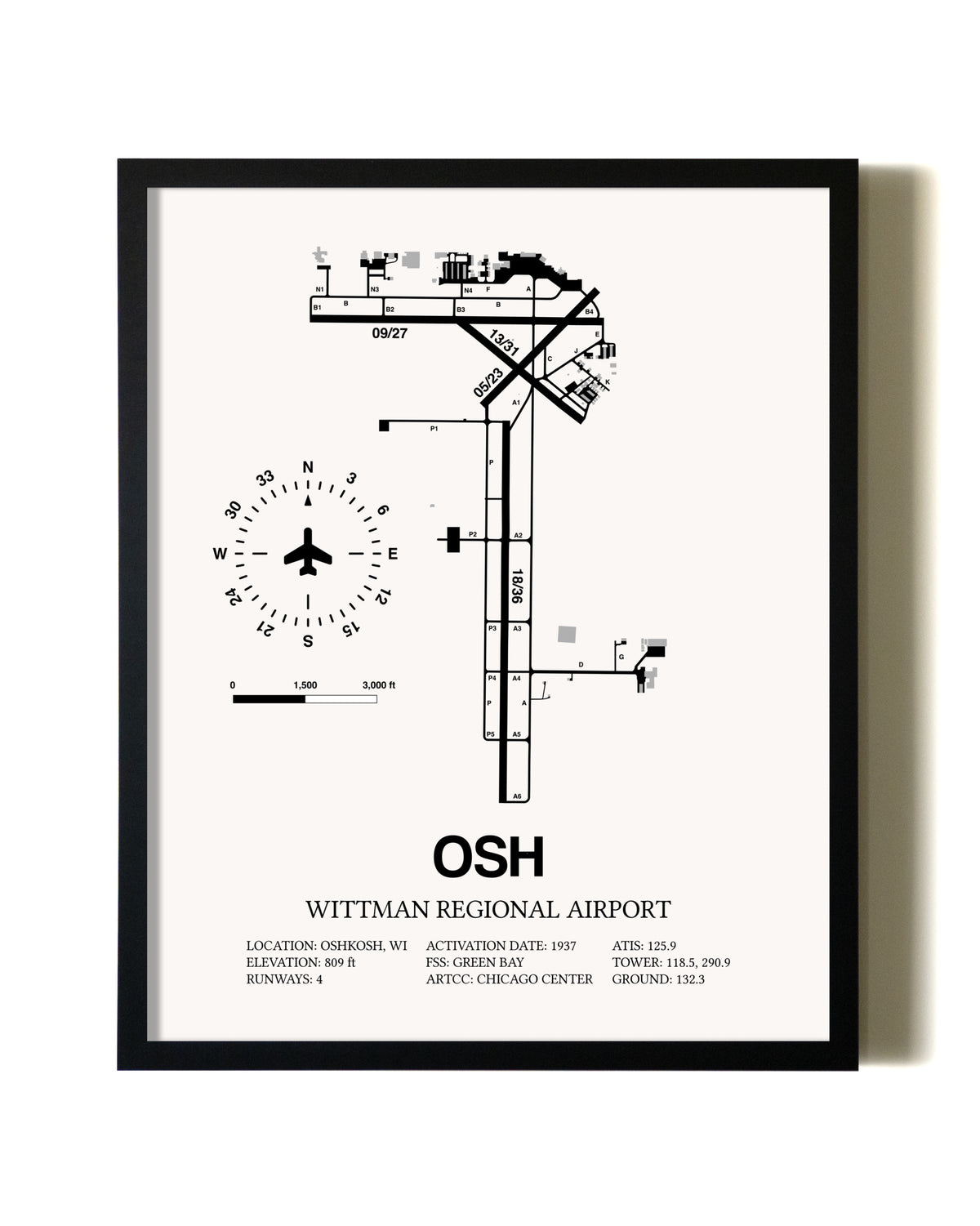 Framed Wittman Regional Airport wall art poster in black frame