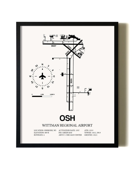 Framed Wittman Regional Airport wall art poster in black frame