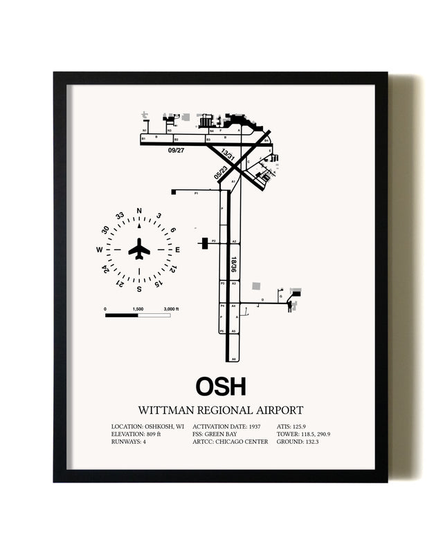 Framed Wittman Regional Airport wall art poster in black frame