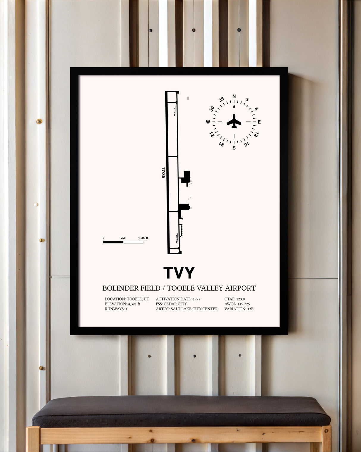 Bolinder Field / Tooele Valley Airport framed poster displayed in an airplane hangar
