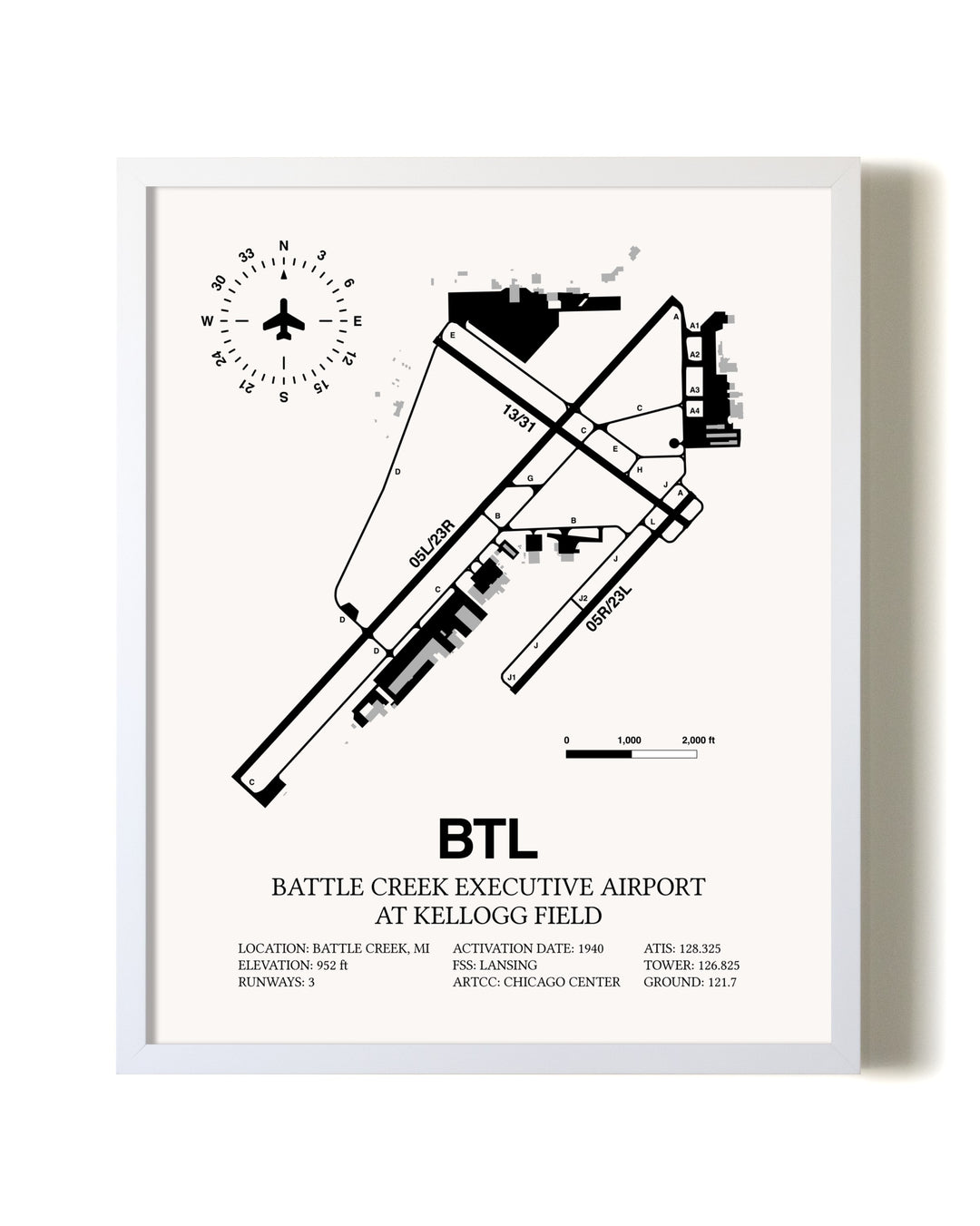 Battle Creek Executive Airport At Kellogg Field airport map poster in oak frame