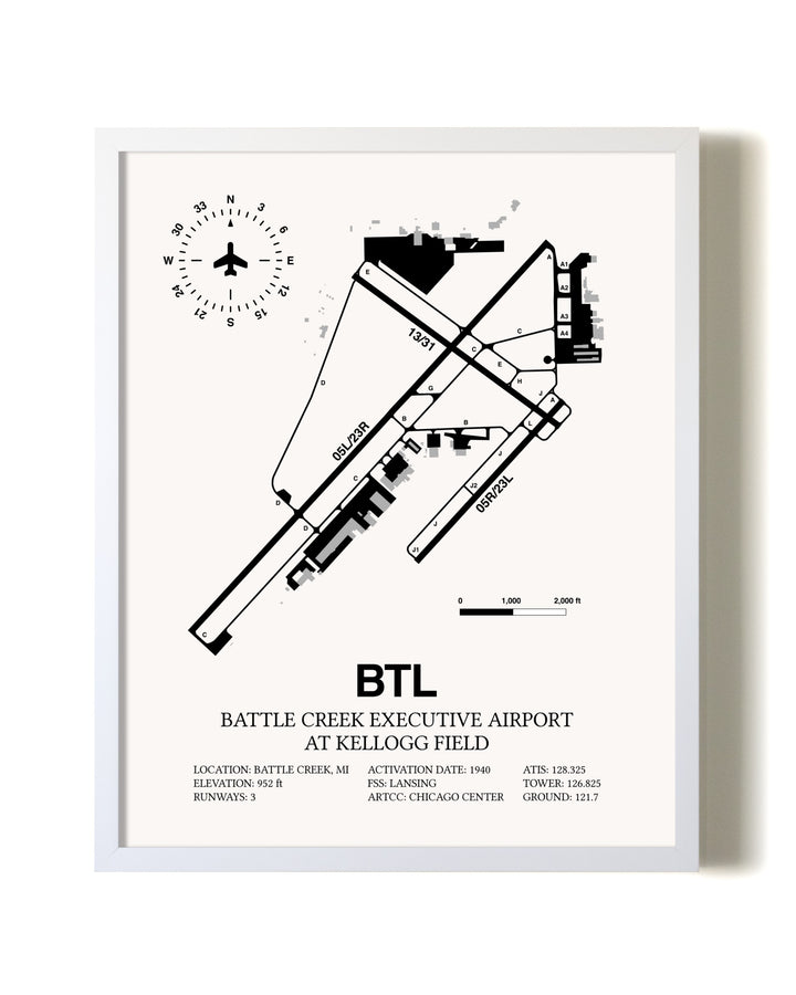 Battle Creek Executive Airport At Kellogg Field airport map poster in oak frame