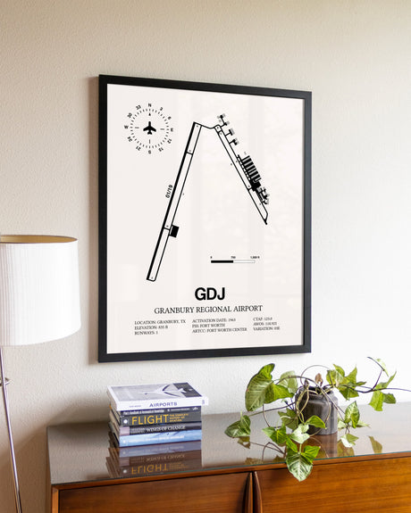 Granbury Regional Airport aviation wall décor in black wood frame