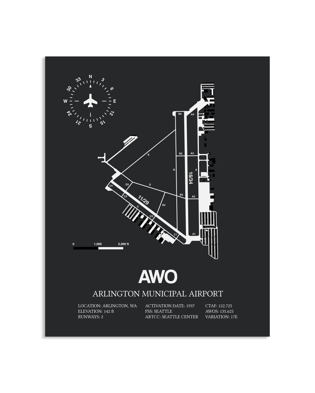 Gray Framed Arlington Municipal Airport layout wall art poster