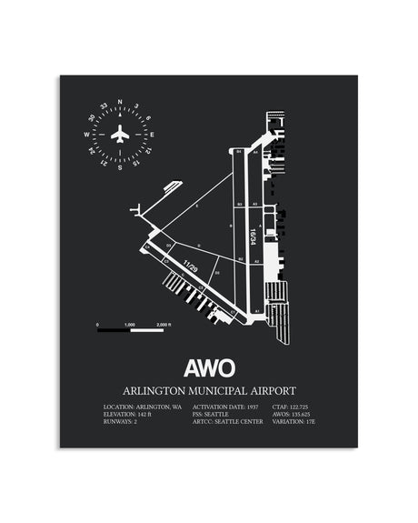 Gray Framed Arlington Municipal Airport layout wall art poster