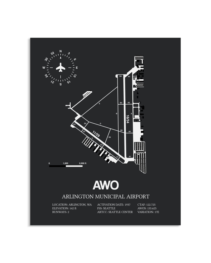 Gray Framed Arlington Municipal Airport layout wall art poster