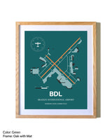 Bradley International Airport airport map poster in oak frame with mat