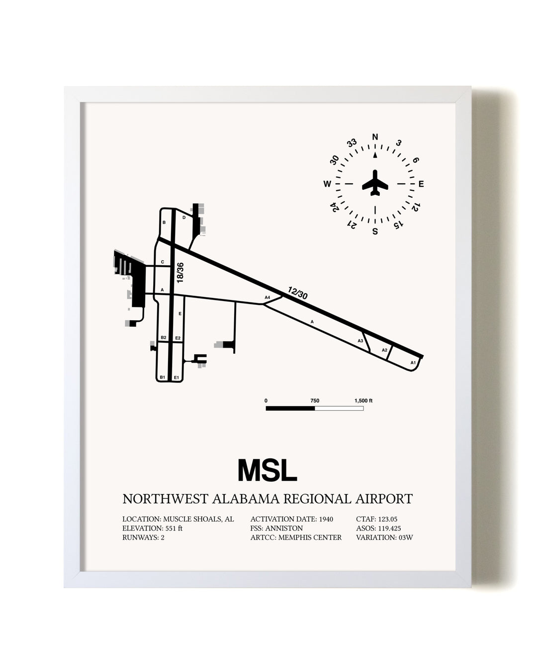 Northwest Alabama Regional Airport airport map poster in oak frame