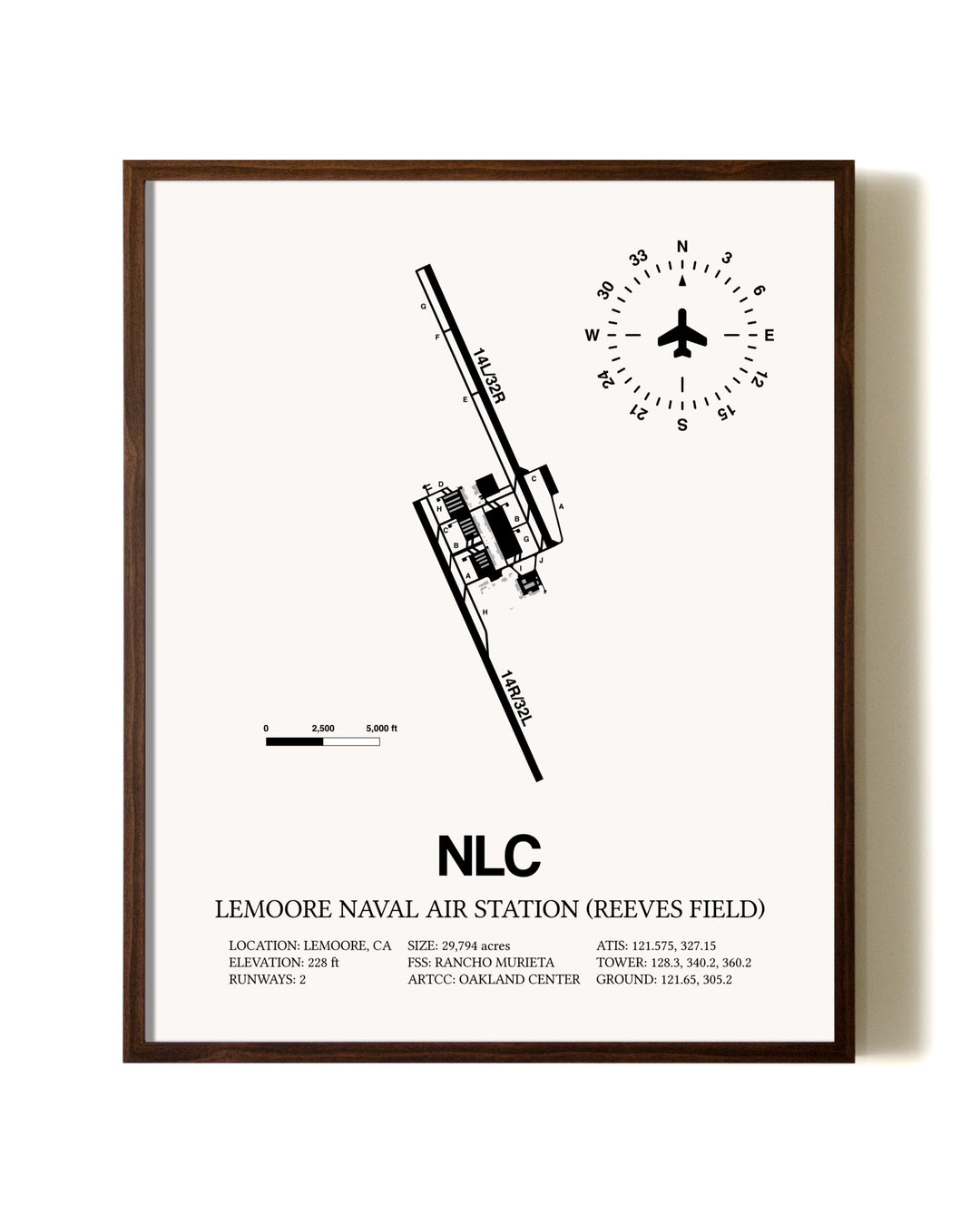 Lemoore Naval Air Station (Reeves Field) aviation print in walnut frame