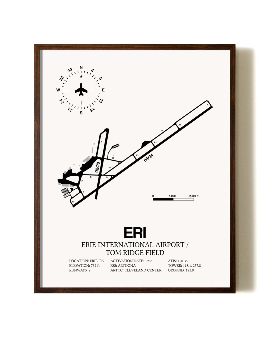 Erie International Airport / Tom Ridge Field aviation print in walnut frame