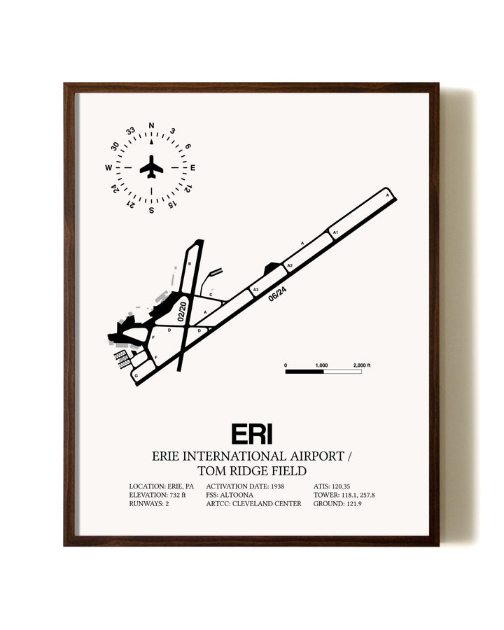 Erie International Airport / Tom Ridge Field aviation print in walnut frame