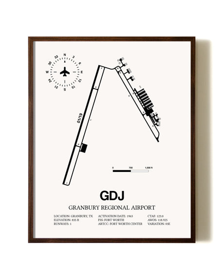 Granbury Regional Airport aviation print in walnut frame