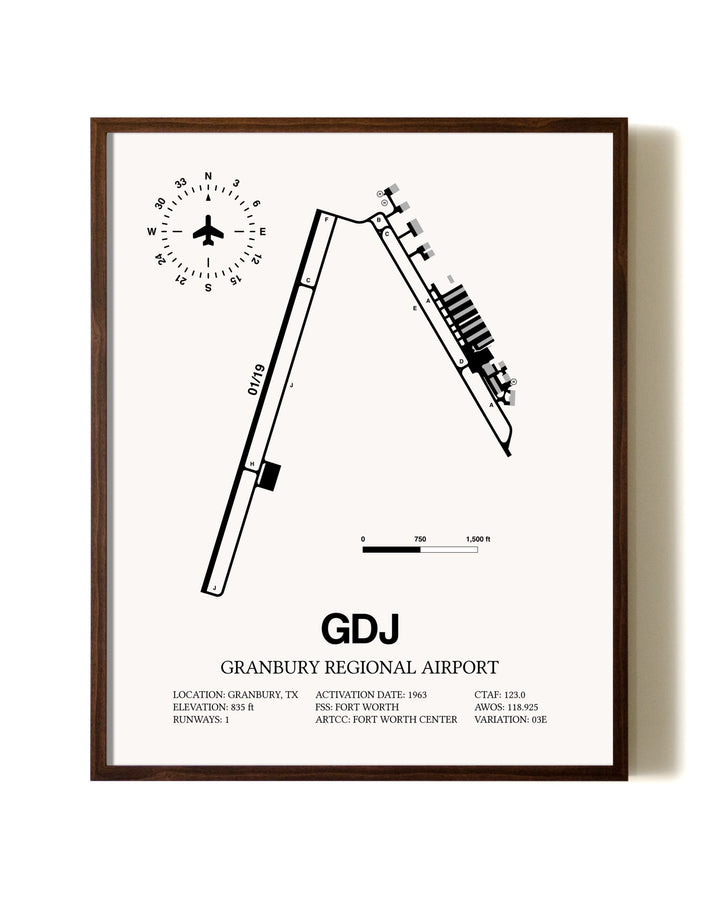 Granbury Regional Airport aviation print in walnut frame