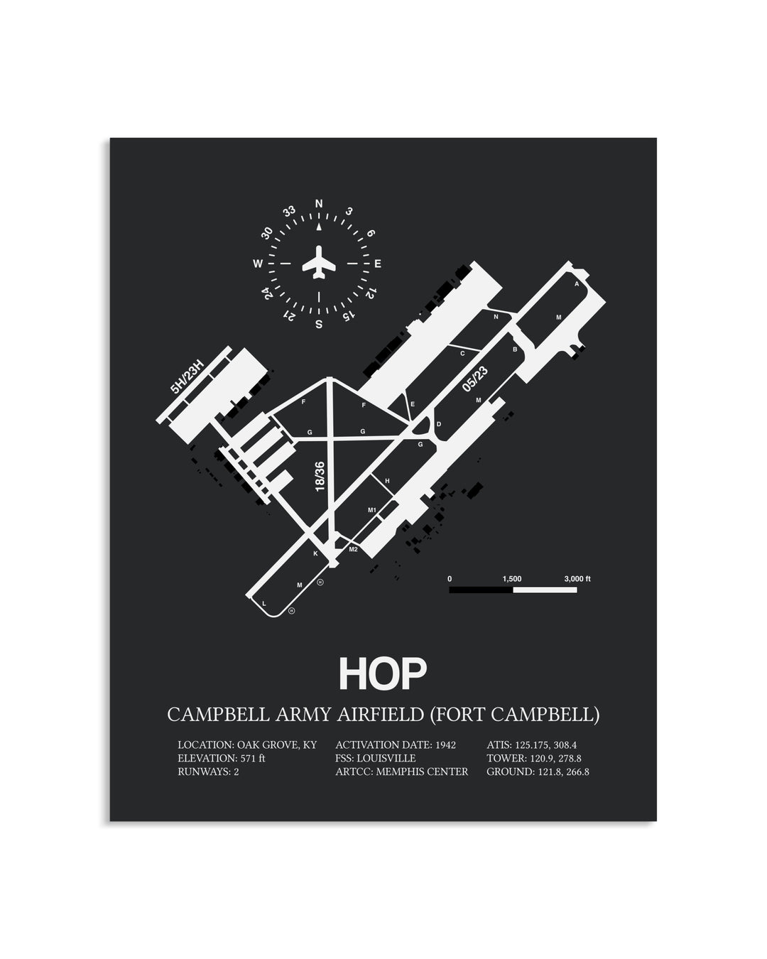 Gray Framed Campbell Army Airfield (Fort Campbell) layout wall art poster