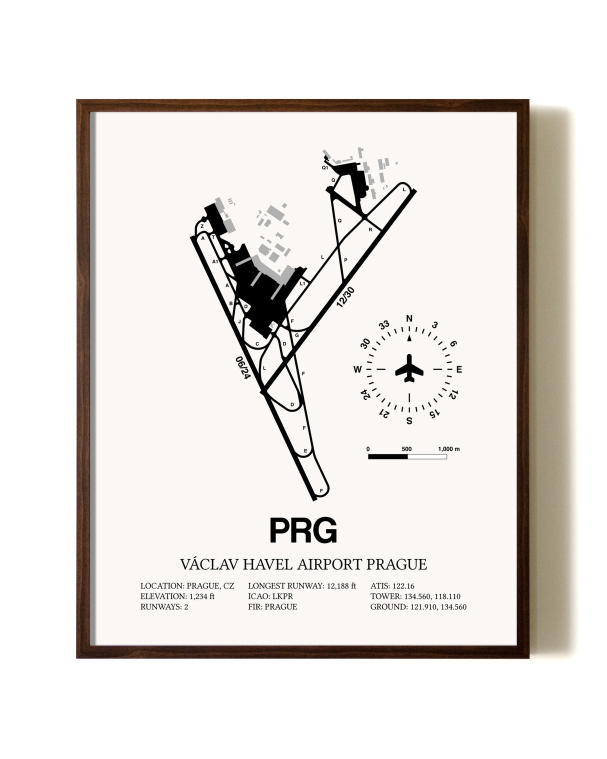 Vaclav Havel Airport Prague aviation print in walnut frame