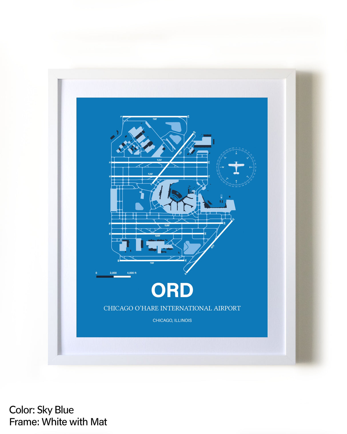 Chicago O'Hare International Airport framed wall art in white frame with mat