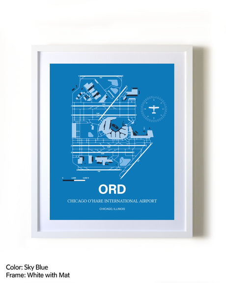 Chicago O'Hare International Airport framed wall art in white frame with mat
