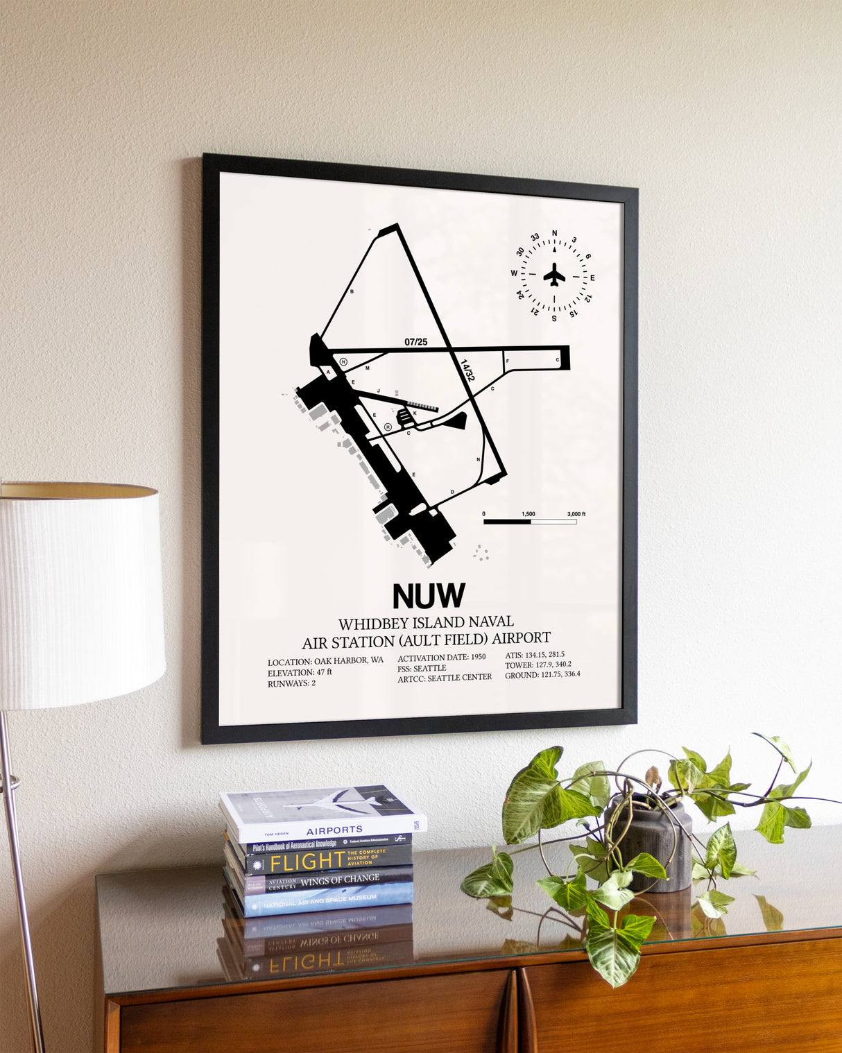Whidbey Island Naval Air Station (Ault Field) Airport aviation wall décor in black wood frame