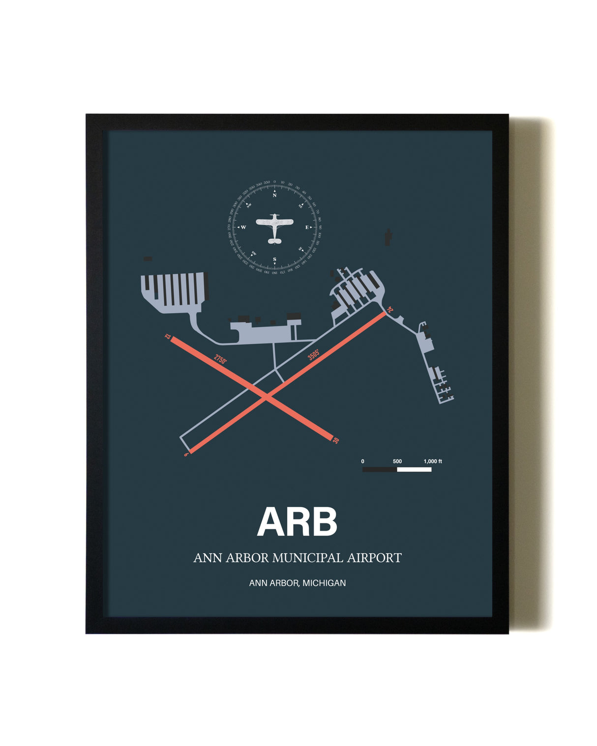 Slate Framed Ann Arbor Municipal Airport wall art poster in black frame