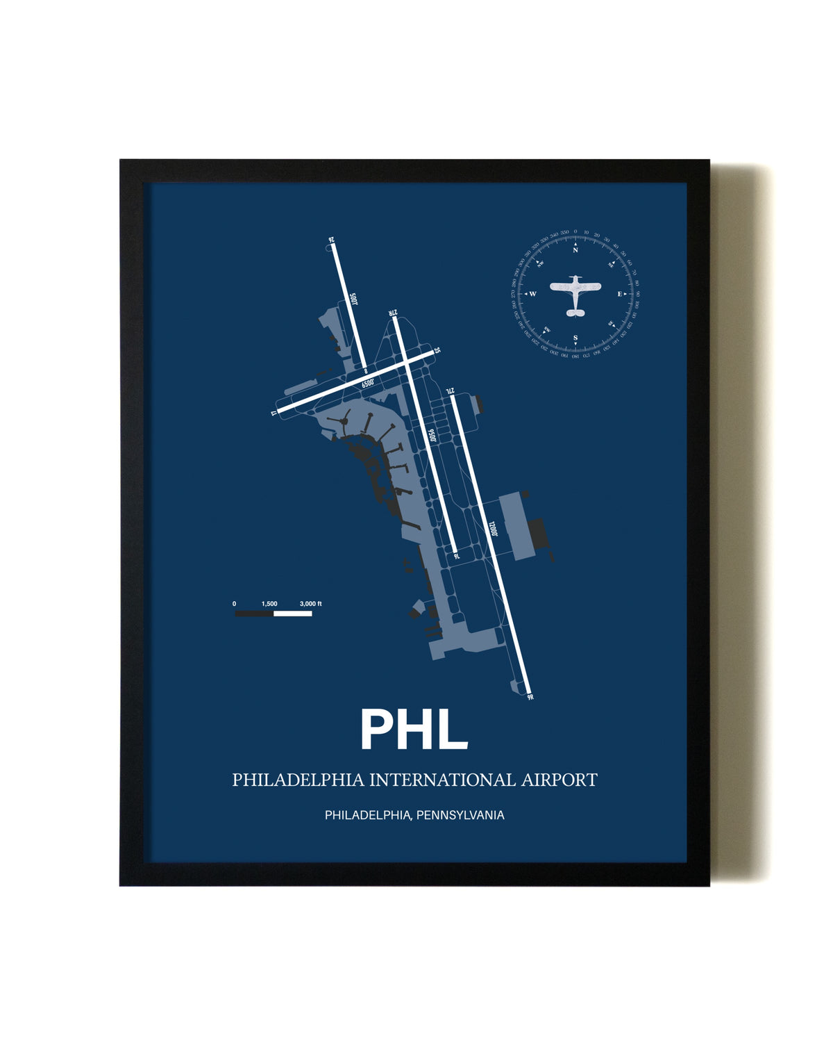 Aviation Blue Framed Philadelphia International Airport layout wall art poster