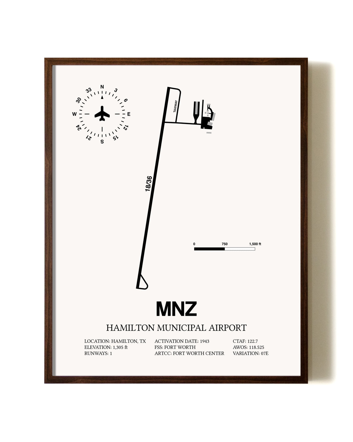 Hamilton Municipal Airport aviation print in walnut frame
